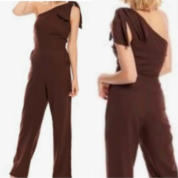 Happy Nature Linen Viscose One Shoulder Bow Tie Jumpsuit Brown 6 - Picture 1 of 6